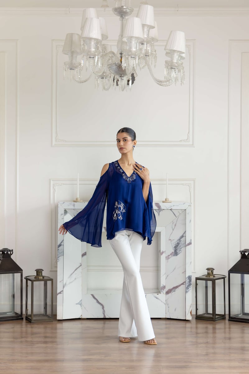 Seraphine Navy Blue Hand Embroidered Flat Chiffon Top