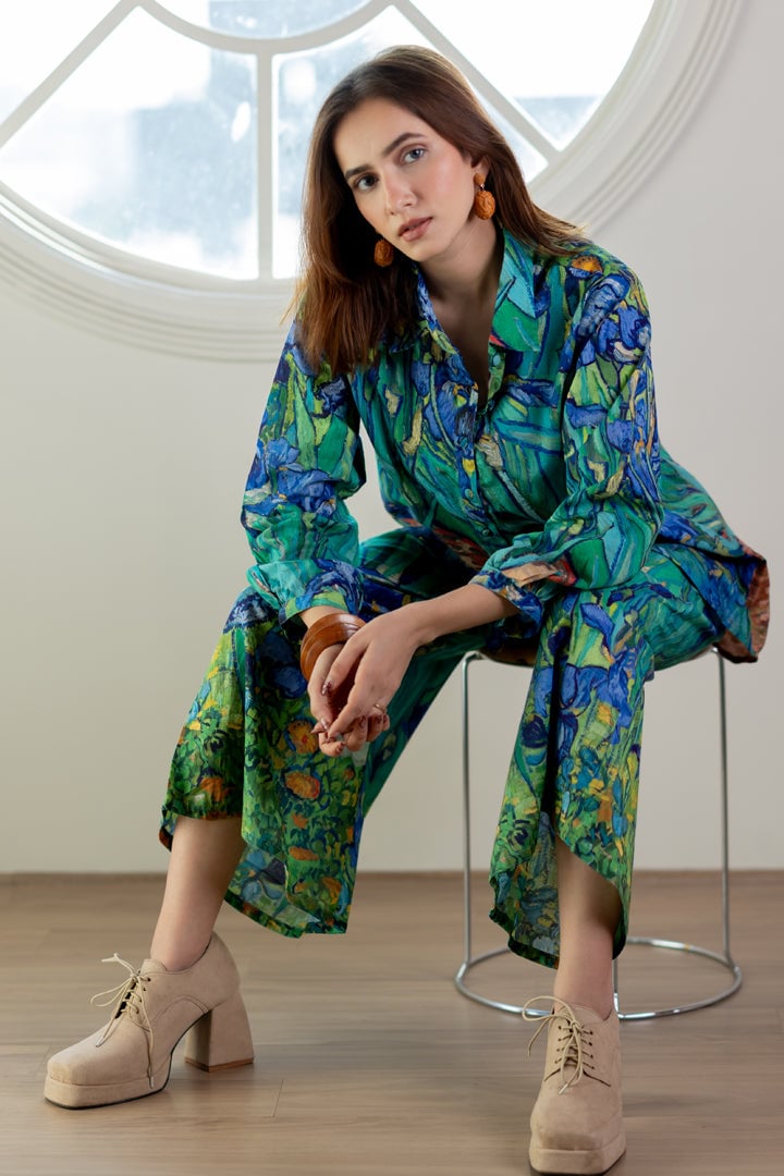 Aqua Blue Iris Print Shirt and Wide-Leg Pants Co-ord Set