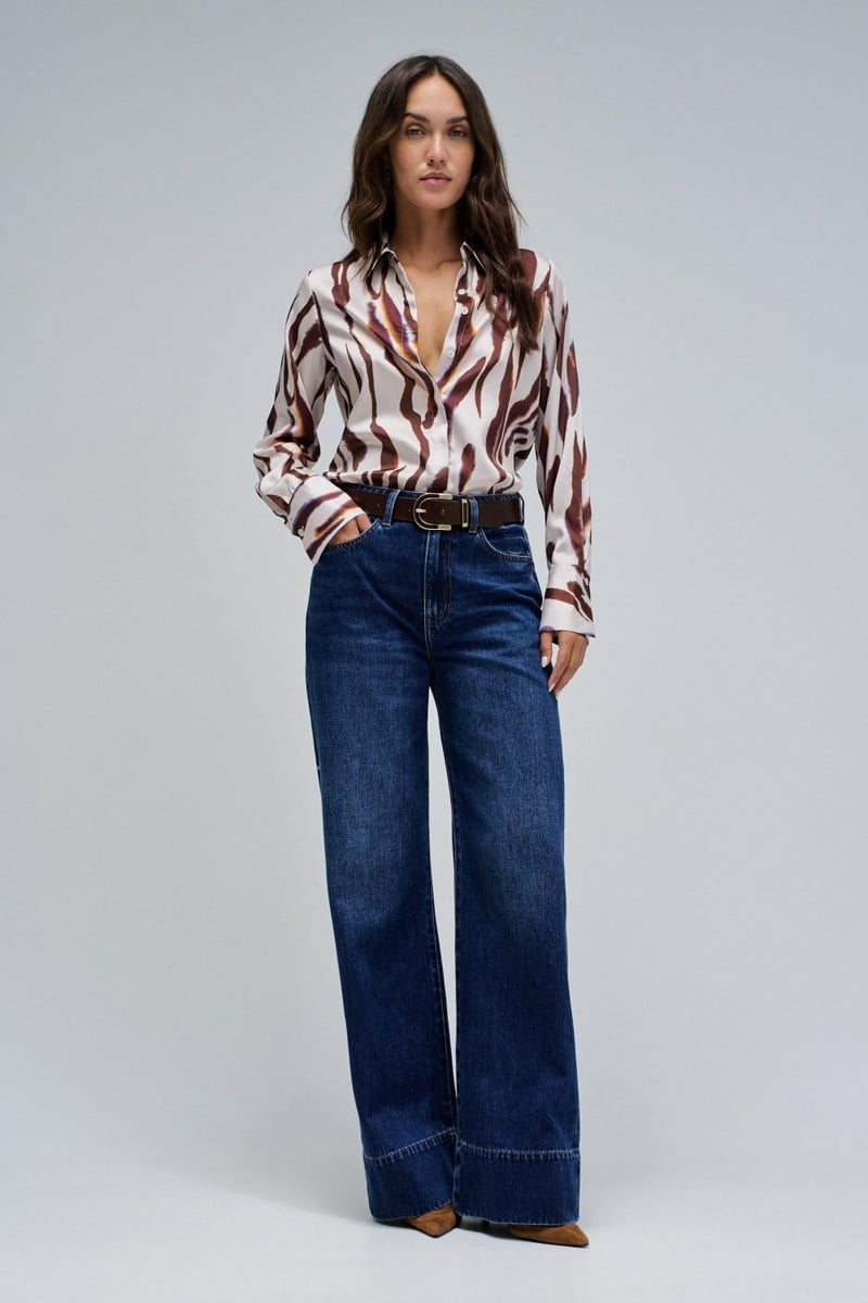 Brown Animal Print Satin-Finish Button-Down Shirt