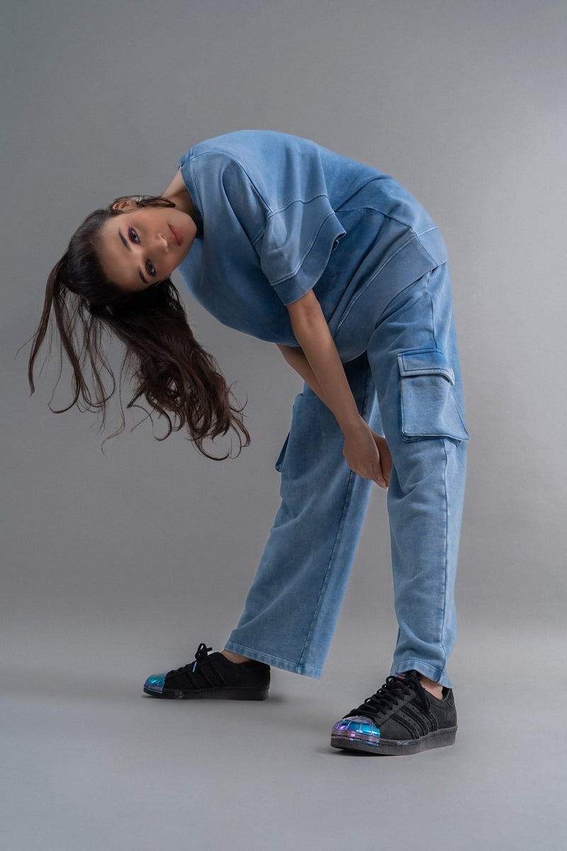 Blue Cotton Terry Wide-Leg Cargo Trousers