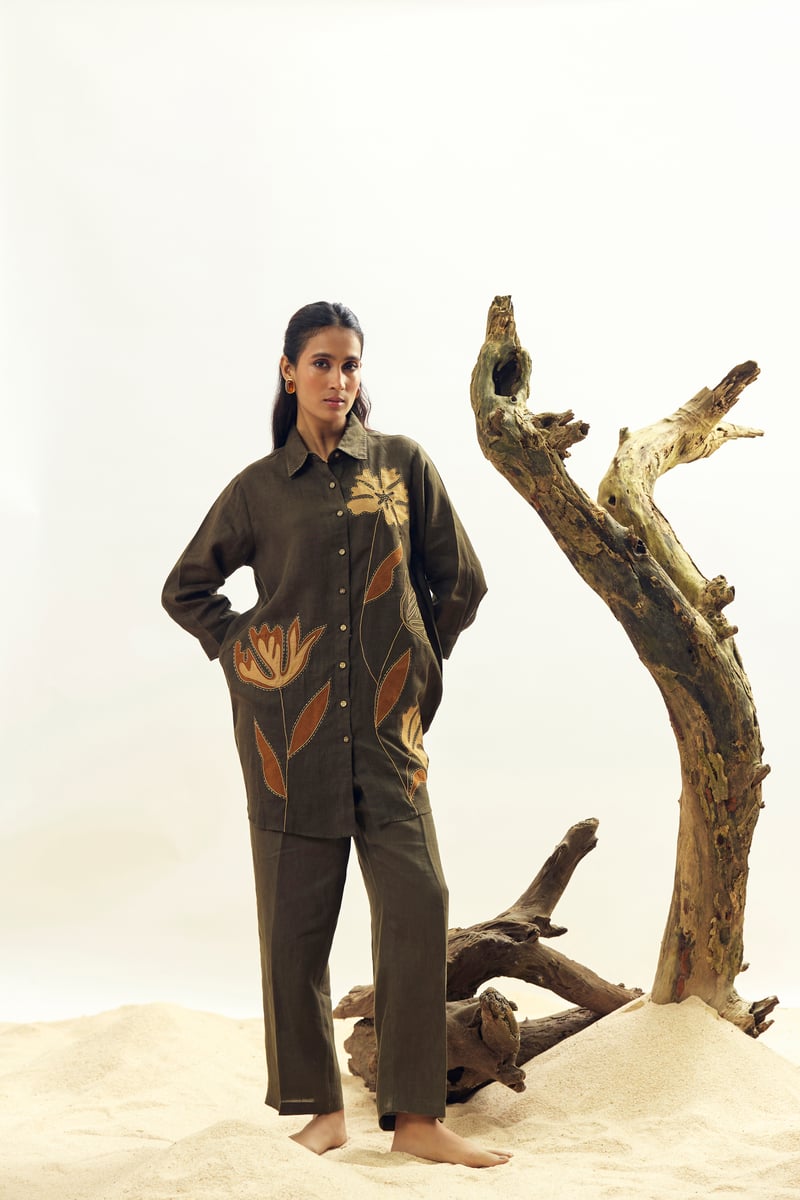 Olive Linen Longline Shirt with Botanical Applique