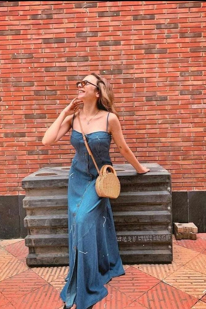 Blue Denim Button-Down A-Line Maxi Dress