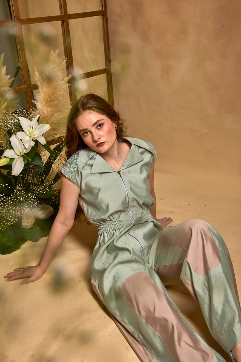 Seagreen Roman Silk Colorblocked Zip-Front Wide-Leg Jumpsuit