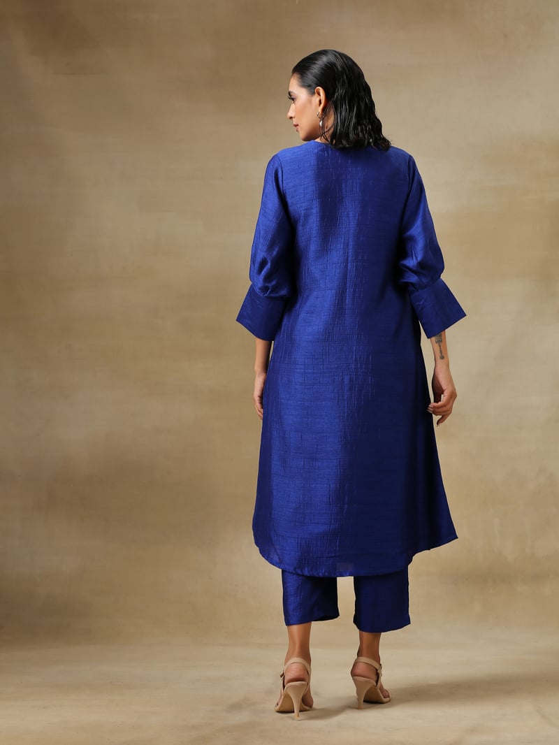 Blue Textured V-Neck Puff Sleeve Kurta Pant Set