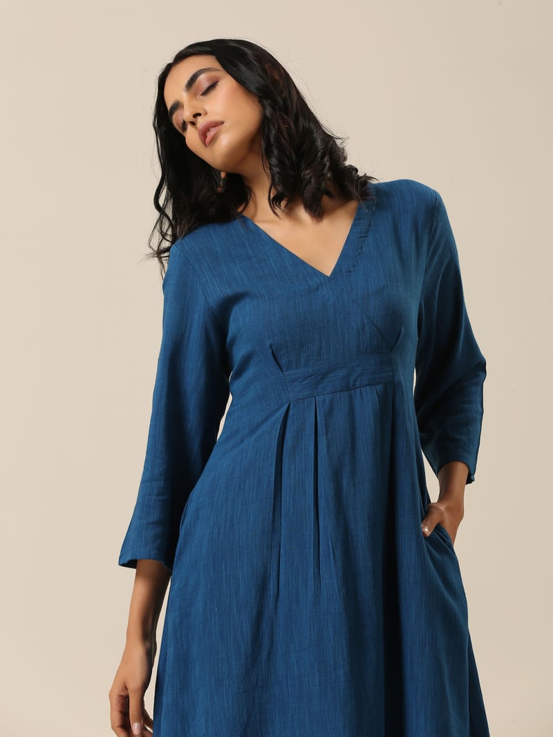 Classic Blue Slub Overlap Pleat Kurta Pant Set