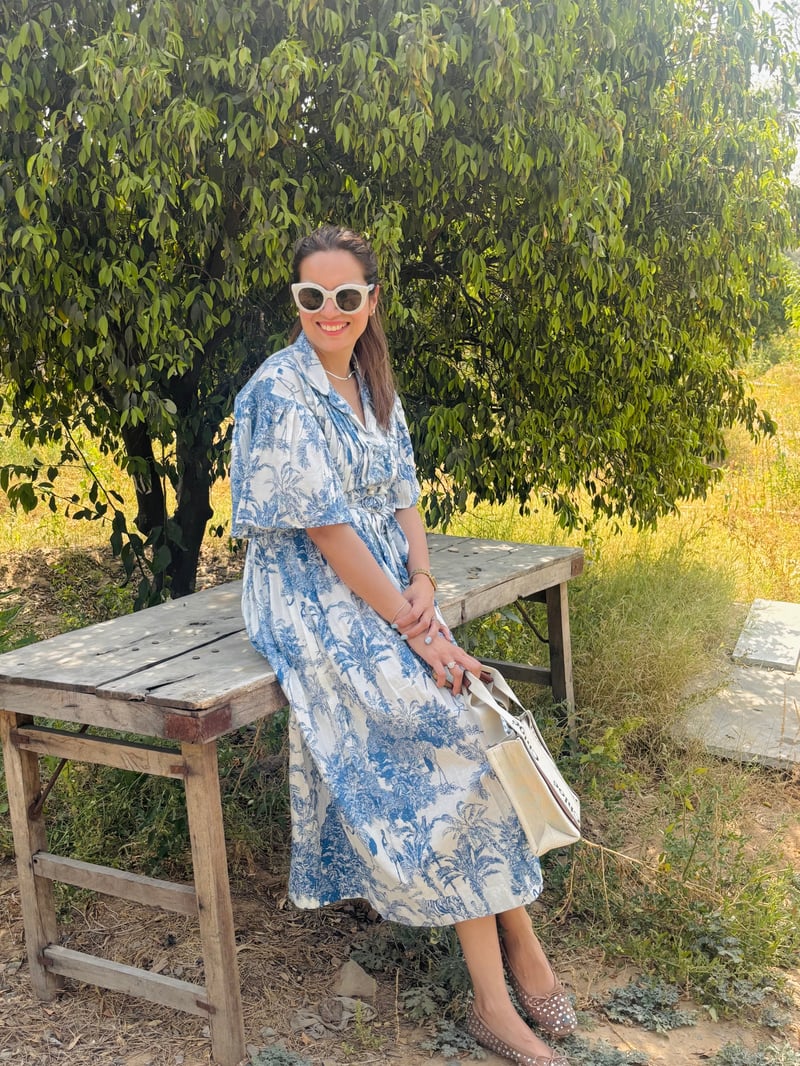 White and Blue Printed Cotton Shirt Midi Dress with Belt