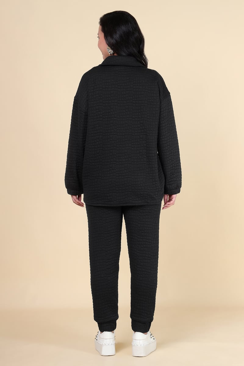 Black Quilted Shirt Jacket and Tapered Pants Co-ord Set