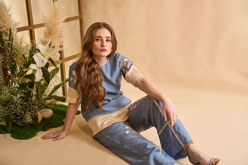 Blue and Cream Colorblocked Embroidered Co-ord Set