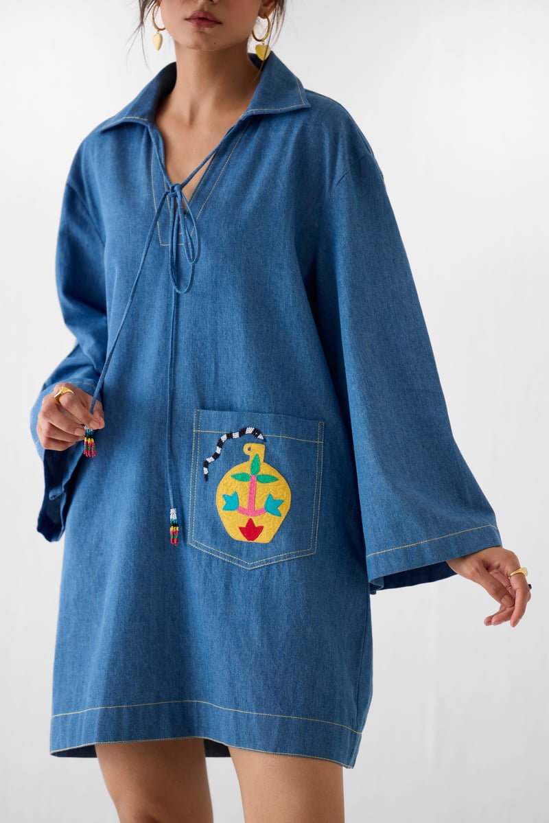Denim Blue Tie-Up Mini Shift Dress with Patch Pocket