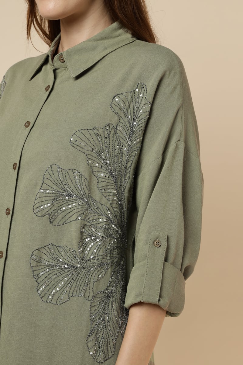 Green Longline Shirt with Sequin Foliage Motif