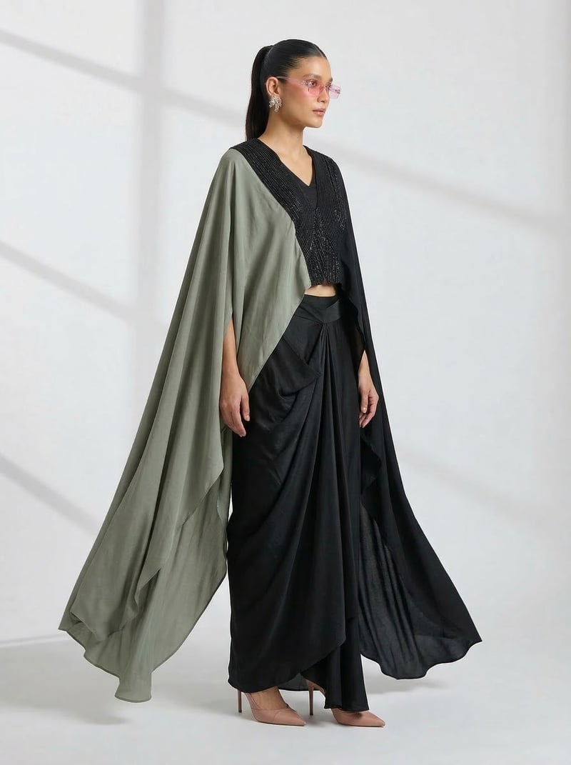 Blue/Grey Colorblocked Cape Top and Draped Pants Co-ord Set