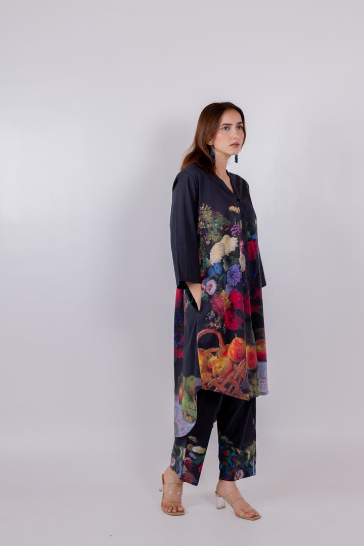 Black Printed Cambric Tunic and Pants Set