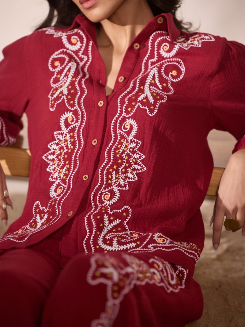 Maroon Embroidered Cotton Button-Down Shirt