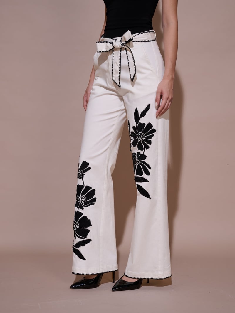 White Wide-Leg Embroidered Trousers
