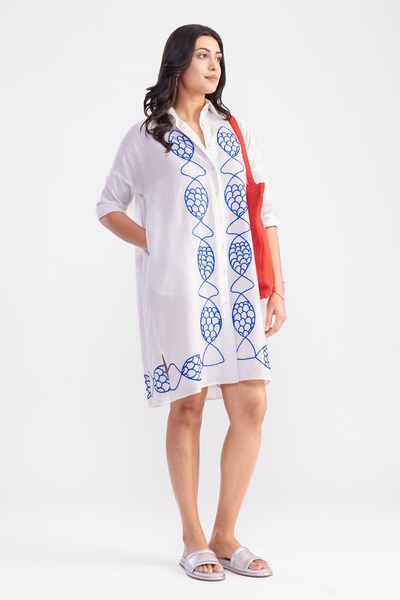 White Mini Shirt Dress with Blue Fish Embroidery