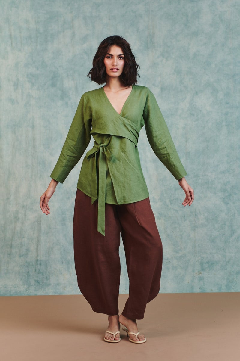 Moss Green Linen Wrap Top with Full Sleeves
