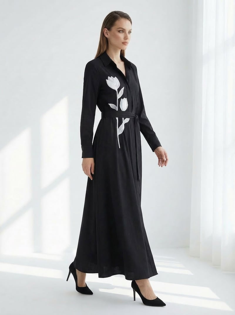 Black Maxi Shirt Dress with White Floral Applique