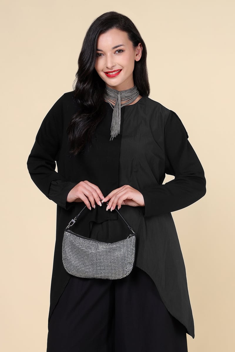 Black Asymmetric Layered Longline Top