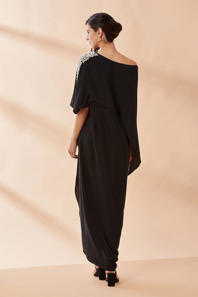 Black One-Shoulder Drape Maxi Dress with Pearl Detail