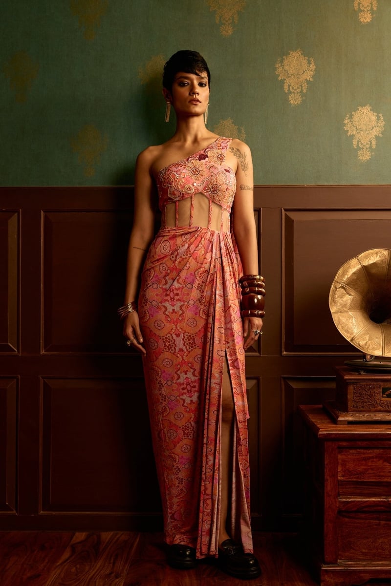 Pink One-Shoulder Printed Corset Drape Gown