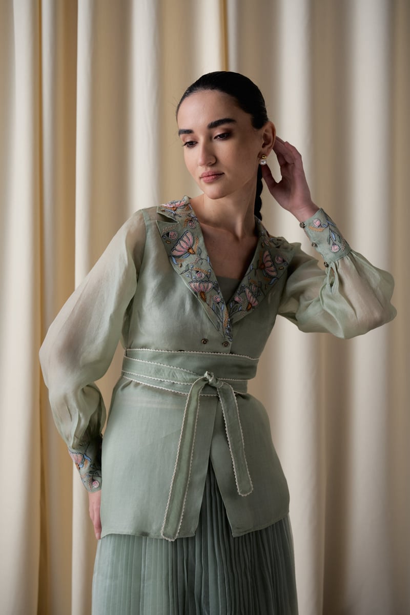 Green Organza Jacket, Bustier and Pleated Midi Skirt Co-ord Set