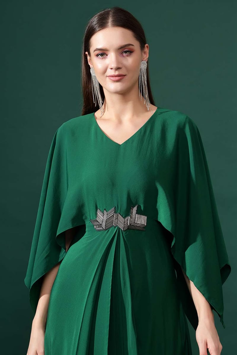Bottle Green Silk Crepe Draped Maxi Dress with Cape Sleeves