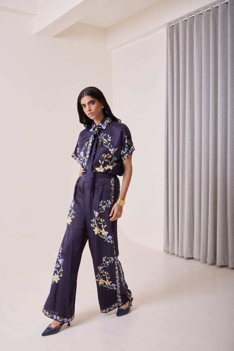 Navy Linen Satin Floral Placement Print Shirt