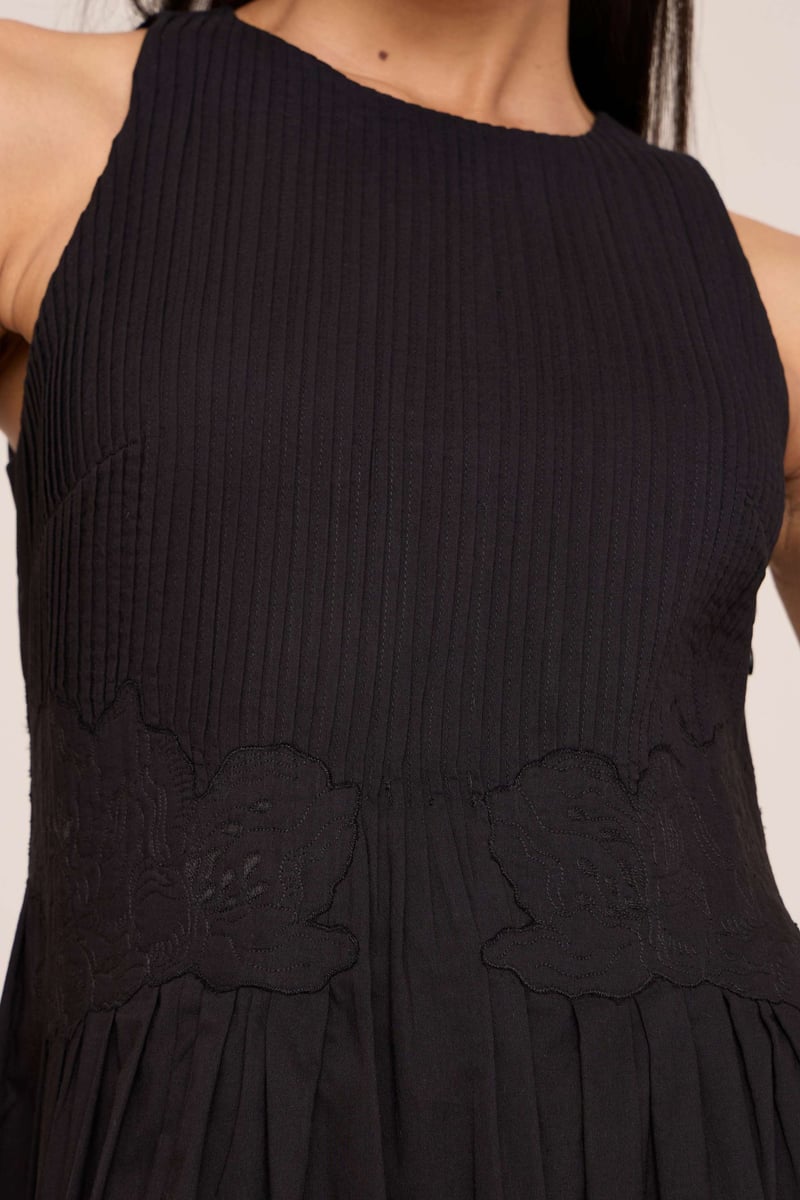 Black Pintuck Bodice Embroidered Maxi Dress