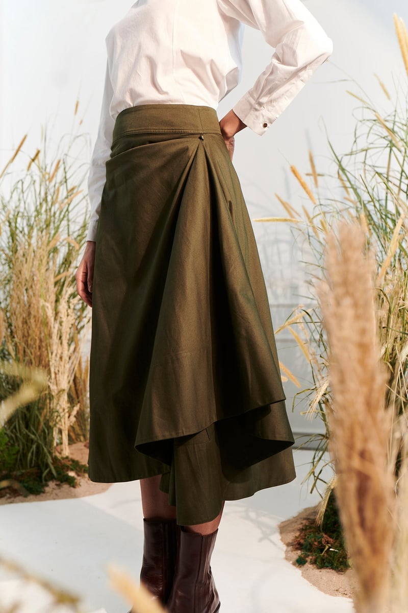 Dark Green Cotton Twill Wrap Midi Skirt