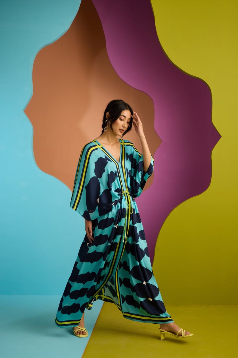 Blue Abstract Print V-Neck Kaftan with Drawstring Waist