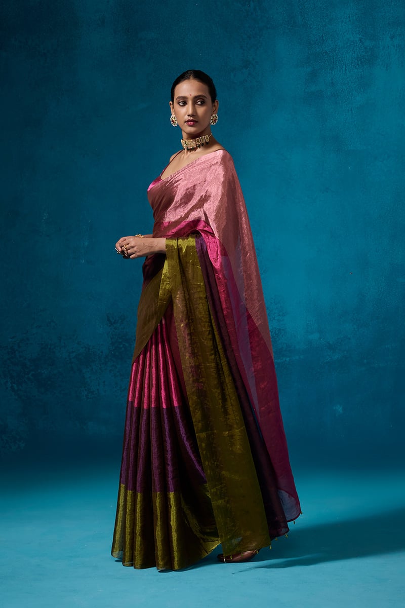 Multicolour Striped Metallic Tissue Saree