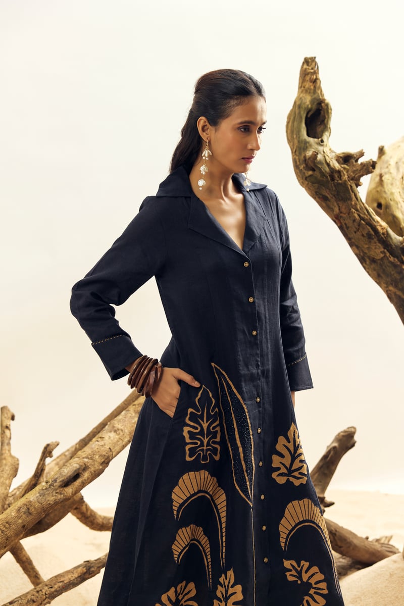Navy Blue Linen Midi Shirt Dress with Abstract Hem Print