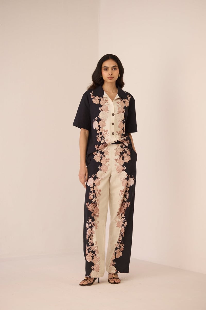 Noir Botanical Cotton Floral Placement Print Shirt