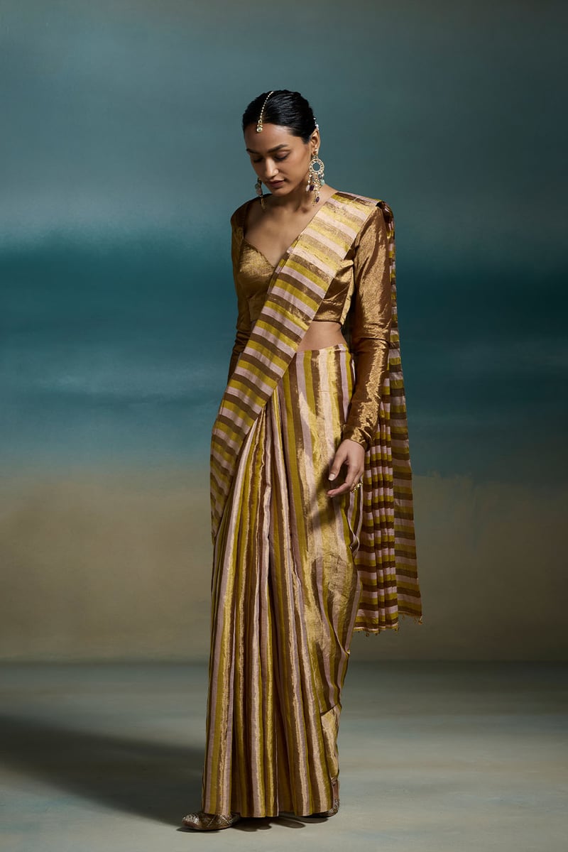 Metallic Peach-Gold Tissue Striped Saree