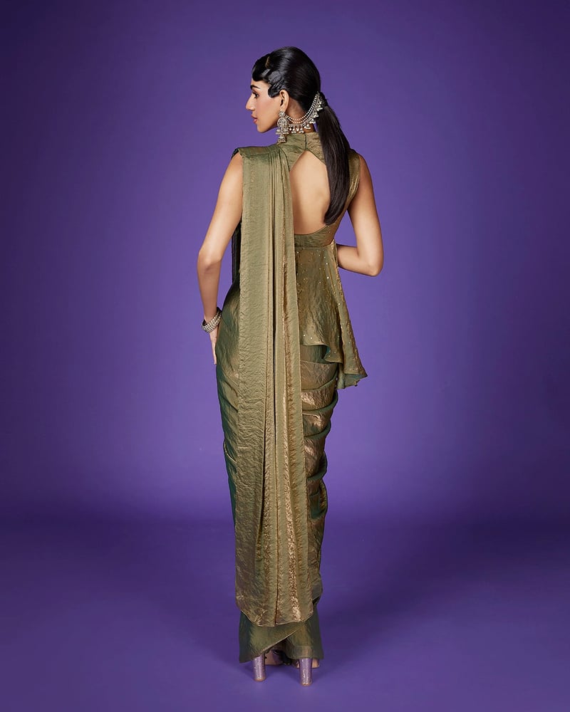Olive Gold Shimmer Tissue Saree Set with Mirror Work Blouse