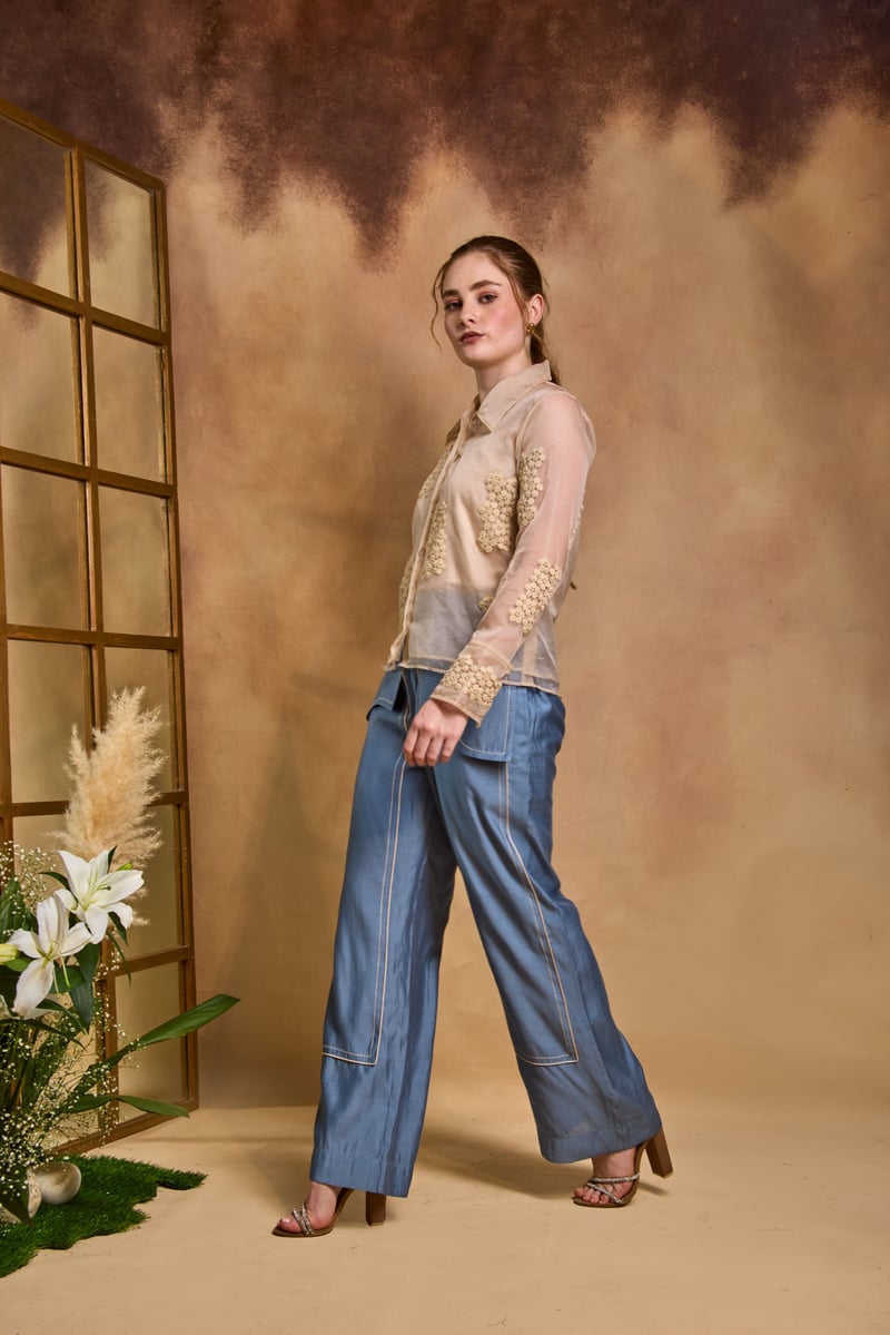 Cream Organza Applique Shirt and Blue Pants Co-ord Set