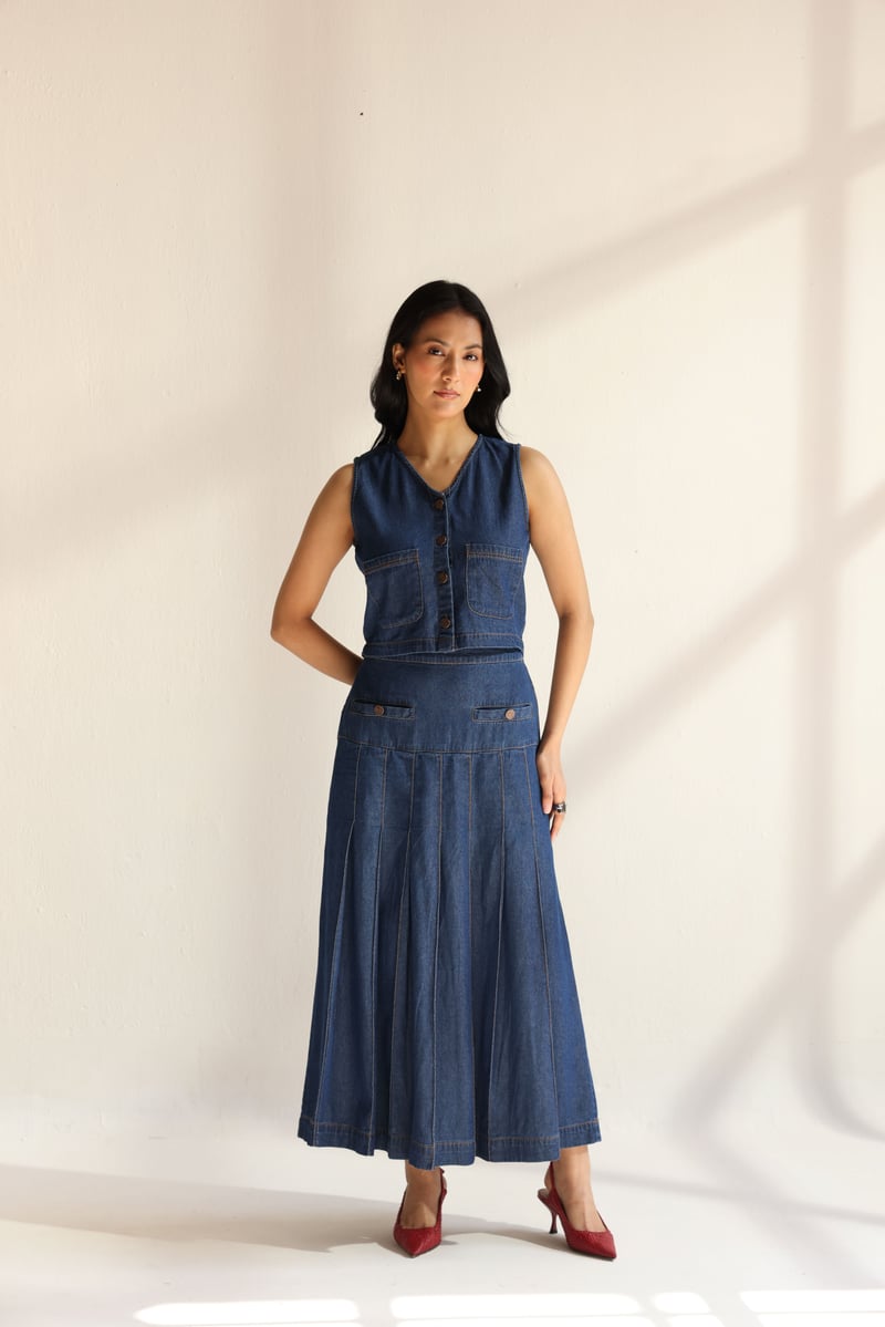 Blue Denim Vest and Pleated Midi Skirt Co-ord Set