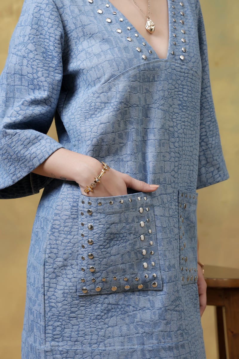 Medium Blue Textured Denim Mini Dress with Rivet Details