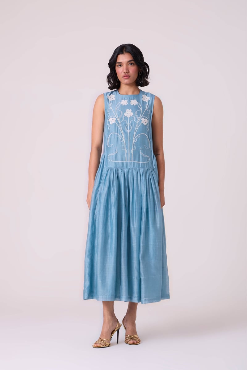 Blue Handwoven Chanderi Embroidered Maxi Dress