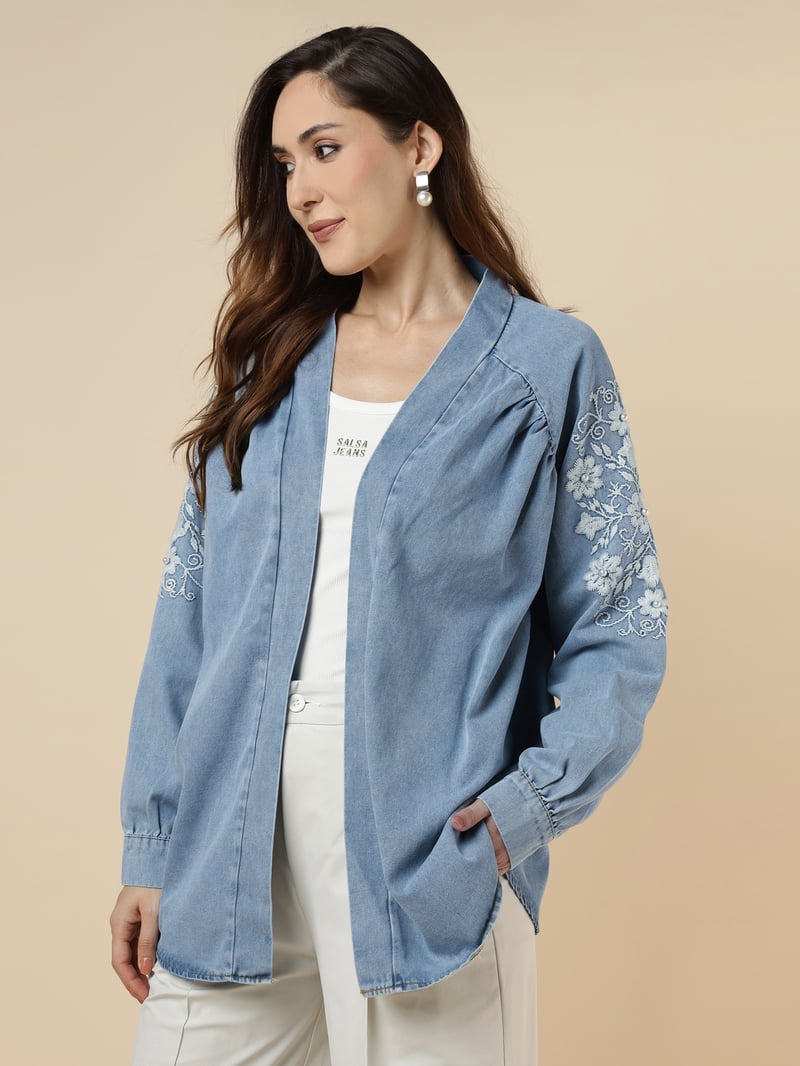 Light Blue Denim-Look Embroidered Longline Jacket