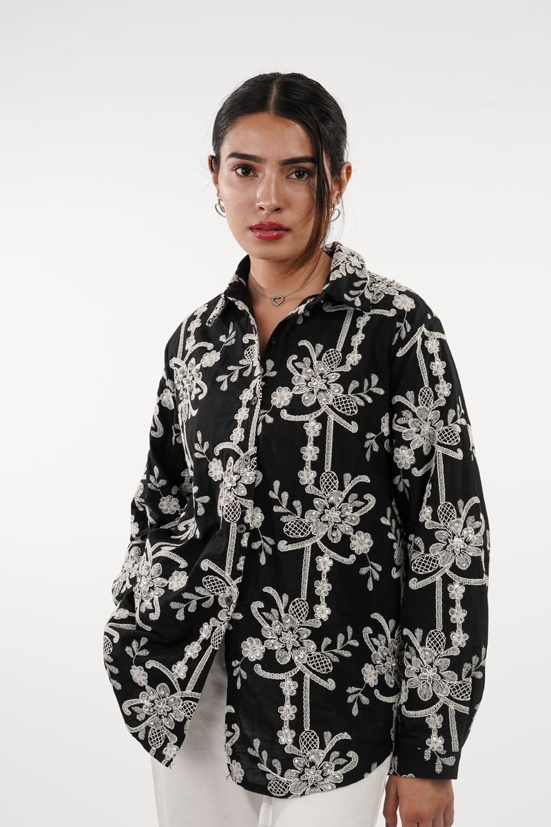 Black Embroidered and Embellished Button-Down Shirt — NO LABELS