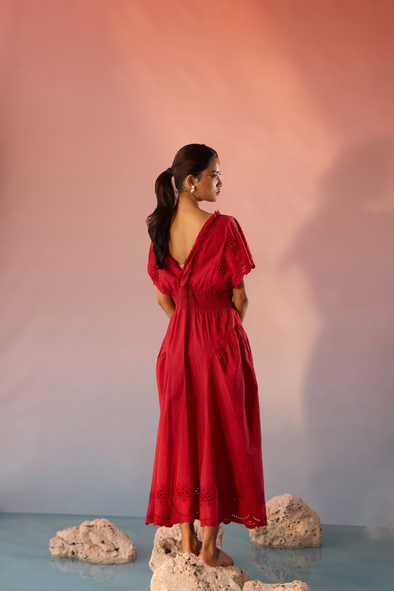 Red Cotton Schiffli V-Neck Smocked Waist Maxi Dress