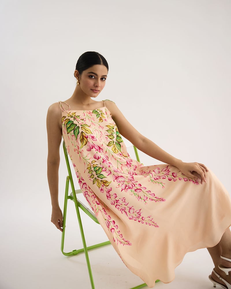 Peach Floral Printed Square Neck Midi Dress