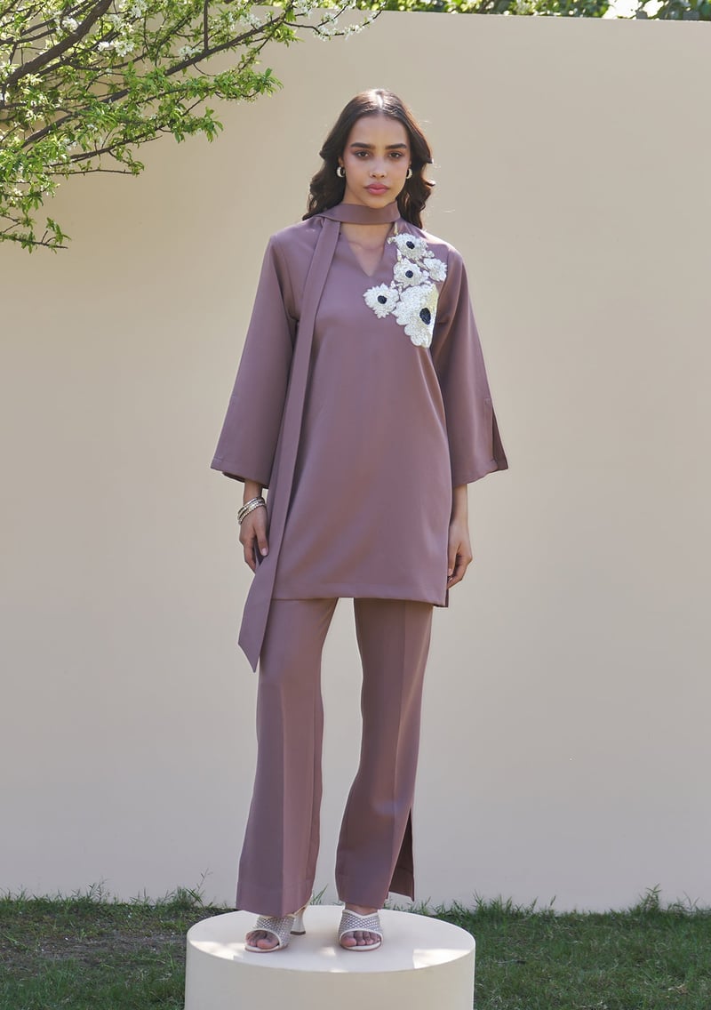 Mocha Mousse Embellished Tunic and Trouser Co-ord Set — AMOSHI