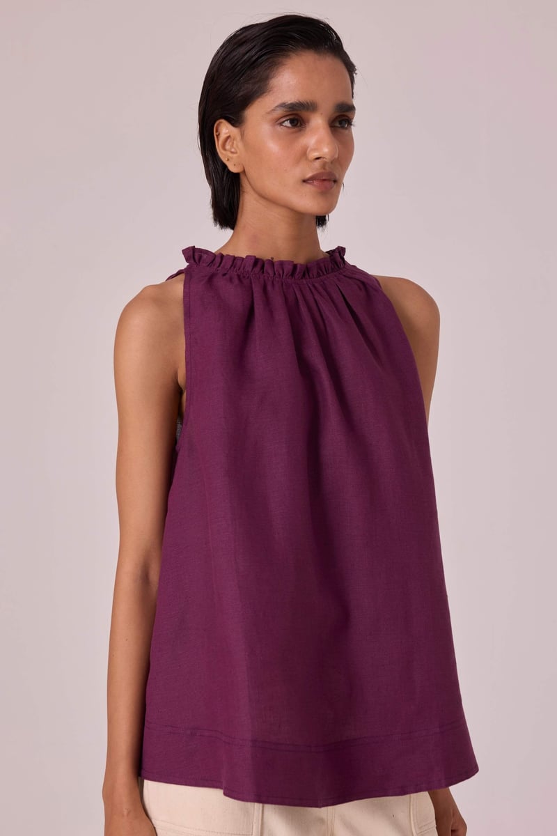 Purple Linen Halter Neck Flowy Top with Ruffle Neckline