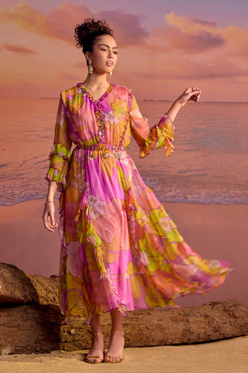 Yellow/Pink Printed Chiffon Tiered Midi Dress