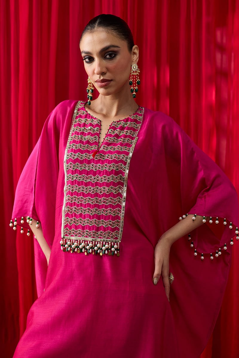 Hot Pink Silk Chanderi Embroidered Kaftan Set