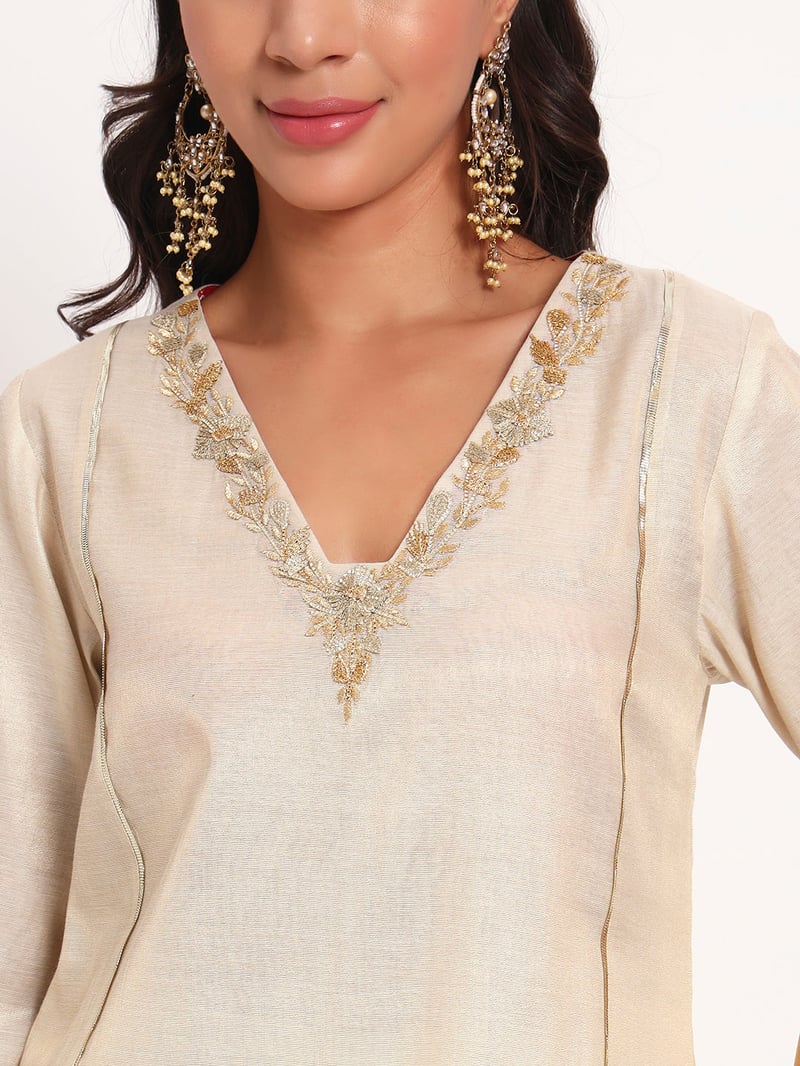 Golden Cotton Tissue Kurta Garara Set with Gotta Border