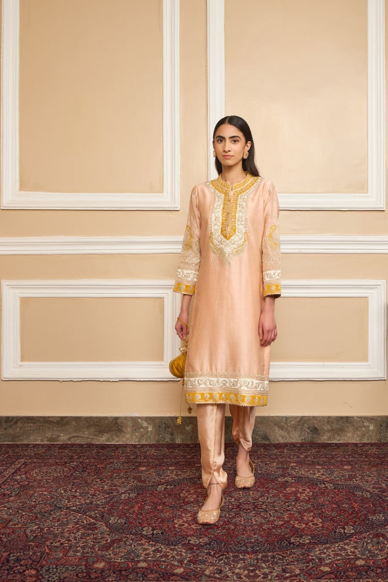 Rose Pink Embroidered Straight Kurta Set with Dhoti — Sheetal Batra
