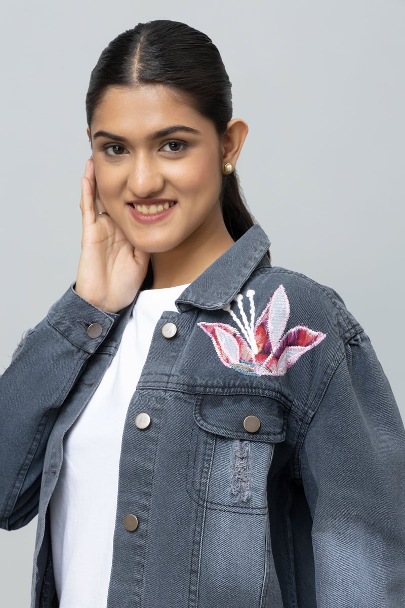 Smoke Grey Denim Jacket with Oversized Floral Applique